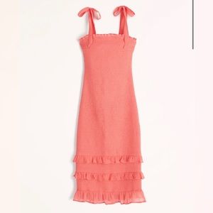 Abercrombie Coral Tie-Strap Smocked Midi Dress Size Small Petite